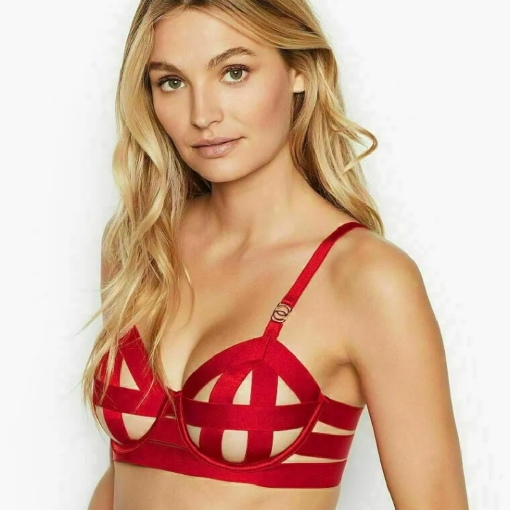 Victoria Secret- Red Banded-Caged Strappy Balconette Bra-34D & 36DD